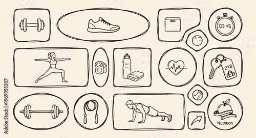 Fitness gym vector icons, workout exercise sports symbols, athlete training health design, weightlifting yoga cardio set, active lifestyle icon collection, muscle strength fitness symbols, gym equipme