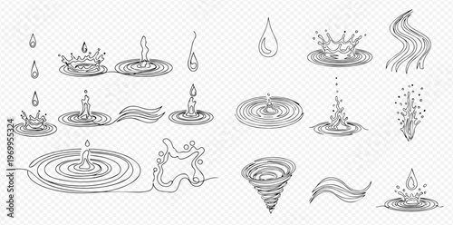 Water drop and splash continuous line drawing set, liquid ripple, wave, and vortex in doodle style.