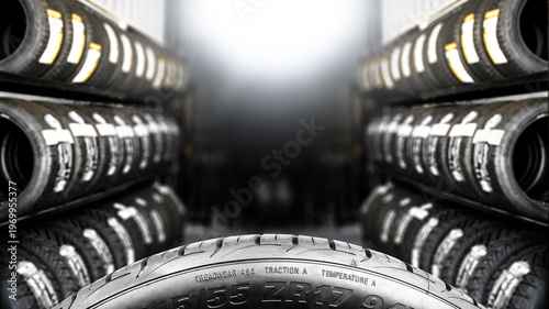 Tire Tread and Shop Stock, A close-up of a new car tire showing detailed tread patterns and sidewall markings, with blurred rows of tires on racks in a professional shop. copy space