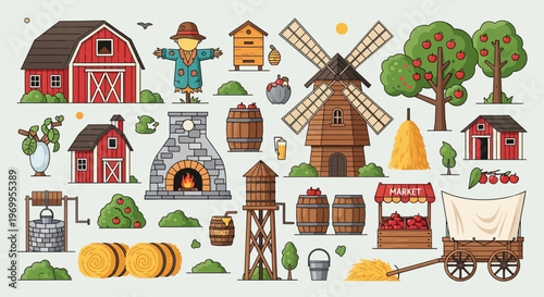 Flat vector collection of farm buildings, harvest elements, and rural countryside agricultural icons