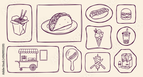 Mexican food vector icons, traditional taco burrito symbols, spicy cuisine snack design, restaurant mexican menu set, ethnic food culture icons, delicious tortilla line art, mexican restaurant food sy