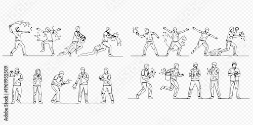 Continuous line drawing of American football players in various action poses, including throwing, running, and tackling, on a transparent background.
