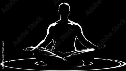 Silhouetted figure in lotus position, meditating against a stark black background