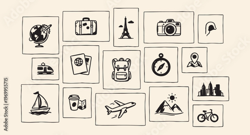 Travel adventure vector icons, vacation tourism map symbols, passport camera luggage design, mountain outdoor hiking set, flight journey transport icons, explore world exploration symbols, camping bac