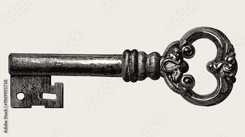 Intricately detailed illustration of a vintage key, rendered in grayscale against a light background