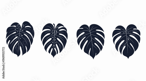 Four stylized silhouettes of tropical leaves in dark indigo against a bright white background