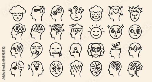Psychology brain vector icons, mental health mind symbols, human profile thinking design, emotional intelligence icon set, cognitive science line art, neurology brainpower symbols, mental wellness the