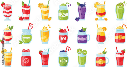 Smoothie and Juice Drinks Icon Set with Fruits, Berries, Citrus Beverages, Colorful Healthy Refreshments, and Summer Vector Illustration Collection.