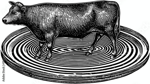 A black and white woodcut style illustration of a cow standing on a circular platform with concentric rings