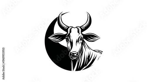 Stylized, black and white depiction of a cow's head against a partially obscured black circle