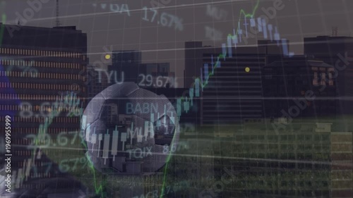 Animation of graphs and financial data over soccer ball on field