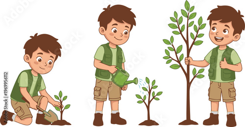 Boy planting and watering tree, environmental illustration, growing plant, children nature activity, tree care cartoon