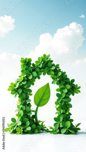 A unique home constructed from leaves with a large green leaf in the center, great for eco-friendly or nature-inspired designs