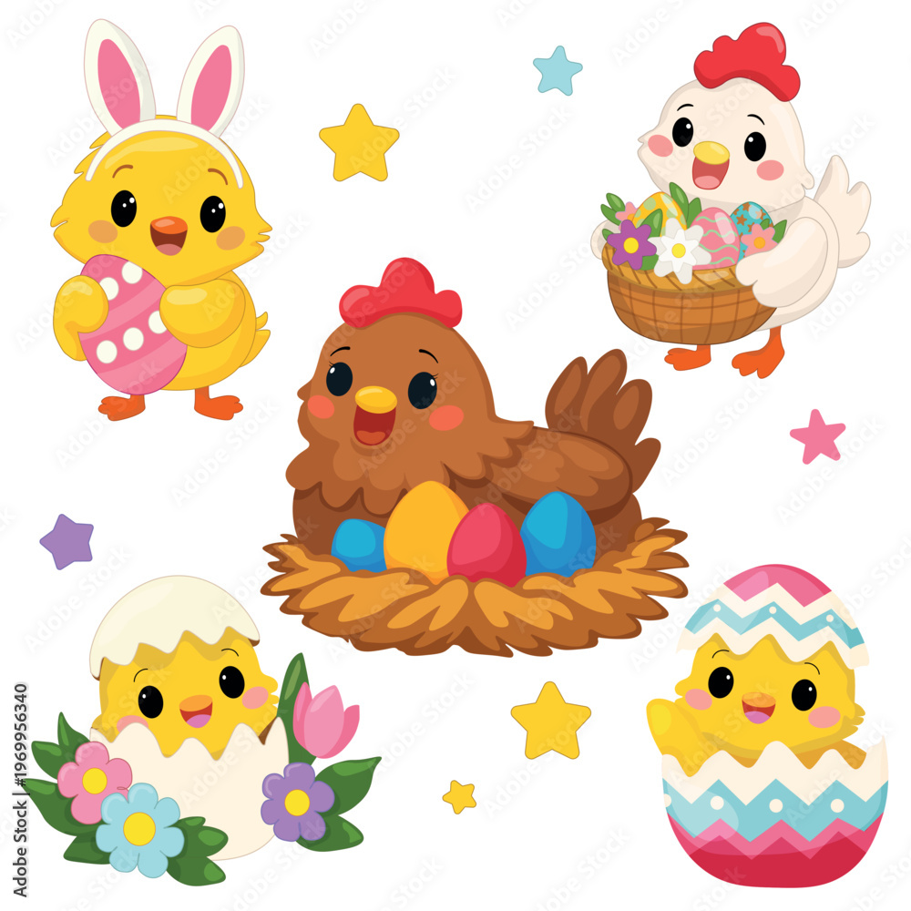 Fototapeta premium Cute Easter characters set with hen, chickens in eggs, pussy willow branches, and spring flowers