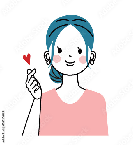 まとめ髪の若い女性　笑顔で指ハートをする女性
