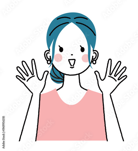 まとめ髪の若い女性　両手で万歳をして喜んでいる女性