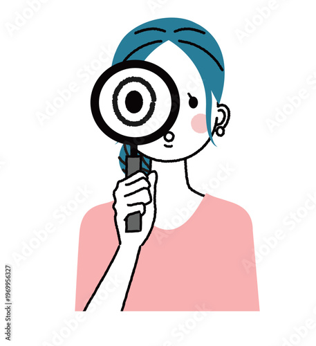 まとめ髪の若い女性　虫眼鏡で見ている女性