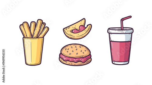 Colorful illustrated fast food items fries, burger, and a drink, all isolated on white