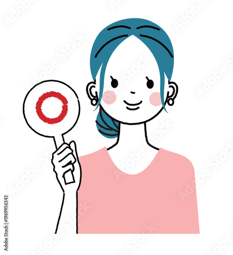 まとめ髪の若い女性　丸のプラカードを出している女性