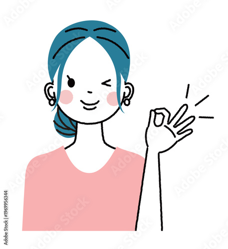 まとめ髪の若い女性　OKのポーズをしてウインクをしている女性
