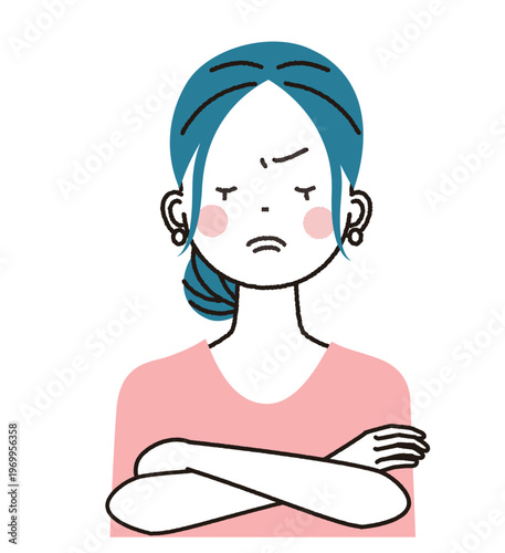 まとめ髪の若い女性　腕組みをして怒っている女性