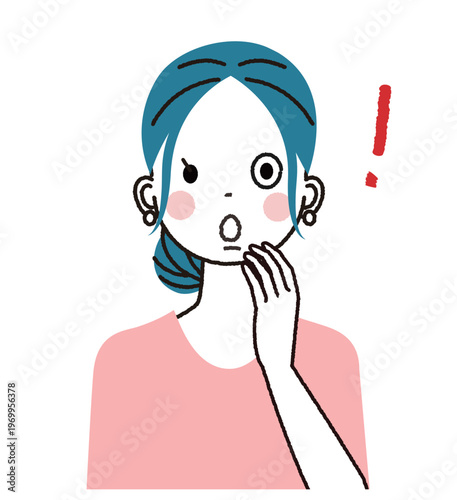 まとめ髪の若い女性　目を見開いて驚いている女性