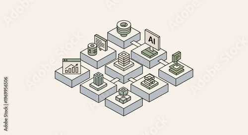 Isometric illustration of interconnected blocks representing AI, data analysis, and technology