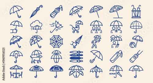 Umbrella vector icons, beach parasol symbols, rain protection design, summer sunshade set, weather umbrella icons, fashion accessory line art, outdoor shelter symbols.

