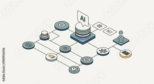 Artificial intelligence network concept with interconnected nodes and icons
