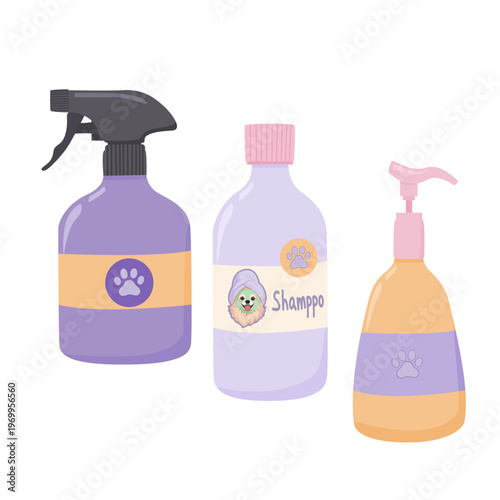 Dopamine pets grooming supplies set with shampoo bottle spray bottle and pump dispenser for dog care in purple and peach colors on a transparent background.