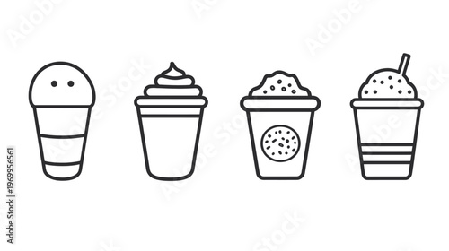 A collection of four simple, illustrative line drawings depicting cold beverages in paper cups