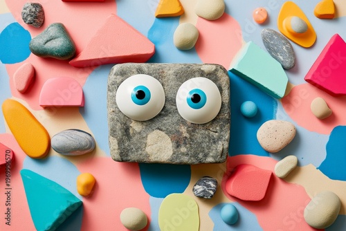 Playful stone face with colorful geometric shapes and eyes