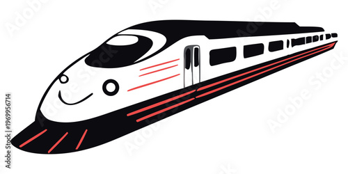A fast high-speed passenger locomotive journeys in motion on a rail track isolated on a white background for modern railroad transportation and travel.
