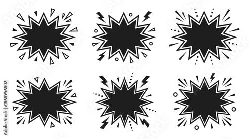 Six comic burst silhouettes, jagged star‑like outlines with decorative elements, dynamic black shapes for impact, emphasis, and graphic design.