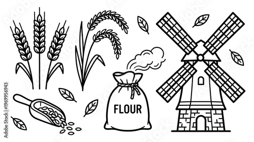 Grain harvesting and flour production illustration, wheat stalks, scoop, flour sack, windmill, black line art style on white background.