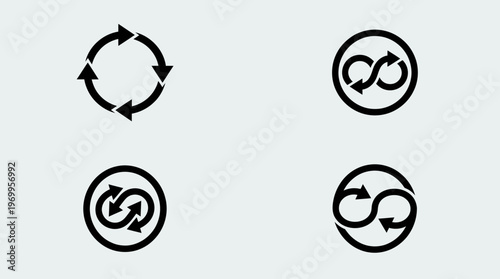 Four circular arrow cycle icons, black silhouettes on gray background, symbolizing repetition, synchronization, exchange, and continuous iterative process.