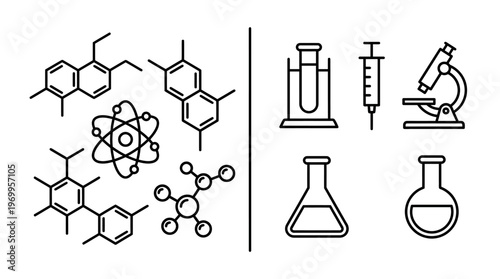 Sixteen chemistry and laboratory science icons in grid layout, line art style, representing molecules, equipment, atomic structures, and research.