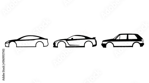Three distinct car silhouettes — sedan, sports car, hatchback — side by side comparison highlighting design, proportions, and automotive diversity.