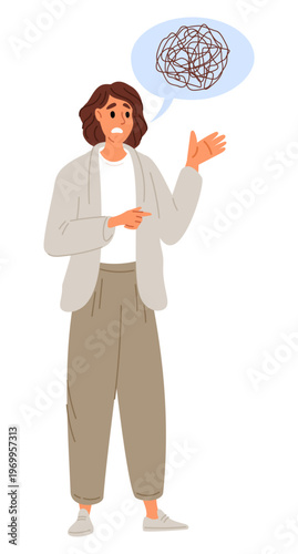 Young woman experiences difficulties with pronunciation and diction. Mental disorder and communication problems. Girl suffers from disorientation. People misunderstanding. Vector concept