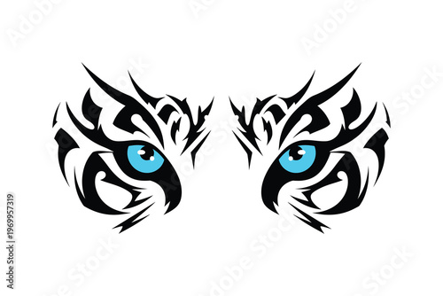 Vibrant blue tribal tattoo design featuring symmetrical stylized eyes with intricate black patterns, perfect for body art enthusiasts and graphic designers.