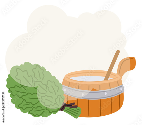 Wooden bucket with hot water and birch or oak leaf broom for bathing rituals or saunas. Spa wellness. Washing procedure. Heat steam for relaxation. Traditional banya. Vector concept