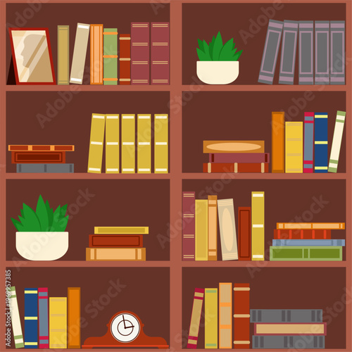 Wooden bookcase with shelves holding books. Bookshelves seamless pattern. Potted indoor plants and antique clock. Library furniture. Home interior. Room furnishing. Vector background