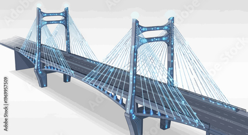 Blue steel cable stayed bridge model.