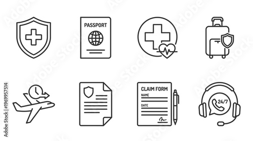 Travel insurance icon set with shield, passport, medical aid, luggage cover, flight delay, document, claim form, and support call, drawn in black-and-white line art, symbolizing protection, coverage, 