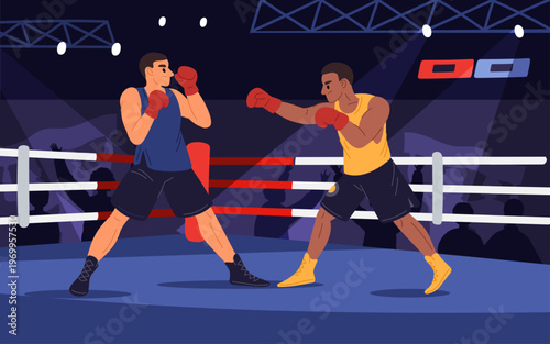 Two boxers fighting each other in boxing ring. Athletic tournament. Kickboxers championship. Professional fighters. Uppercut beat. Kickboxing sparring with opponents. Vector concept