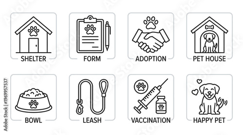 Pet adoption process icon set with shelter, form, handshake, pet house, bowl, leash, vaccination, and happy pet, drawn in black-and-white line art, symbolizing care, commitment, and animal welfare.