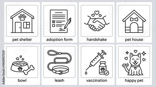 Pet adoption process icon set with shelter, form, handshake, pet house, bowl, leash, vaccination, and happy pet, drawn in black-and-white line art, symbolizing care, commitment, and animal welfare.