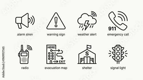 Emergency preparedness icon set with alarm siren, warning sign, weather alert, emergency call, radio, evacuation map, shelter, and signal light, drawn in black-and-white line art, symbolizing crisis r