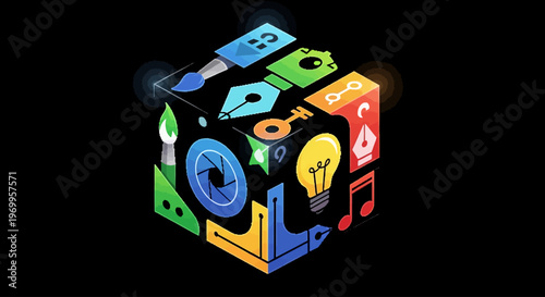 Colorful cube with various symbols.
