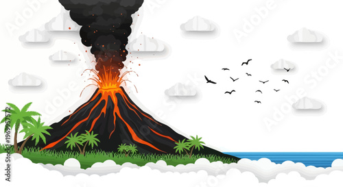Erupting volcano with lava flow and smoke in paper cut art style on tropical island